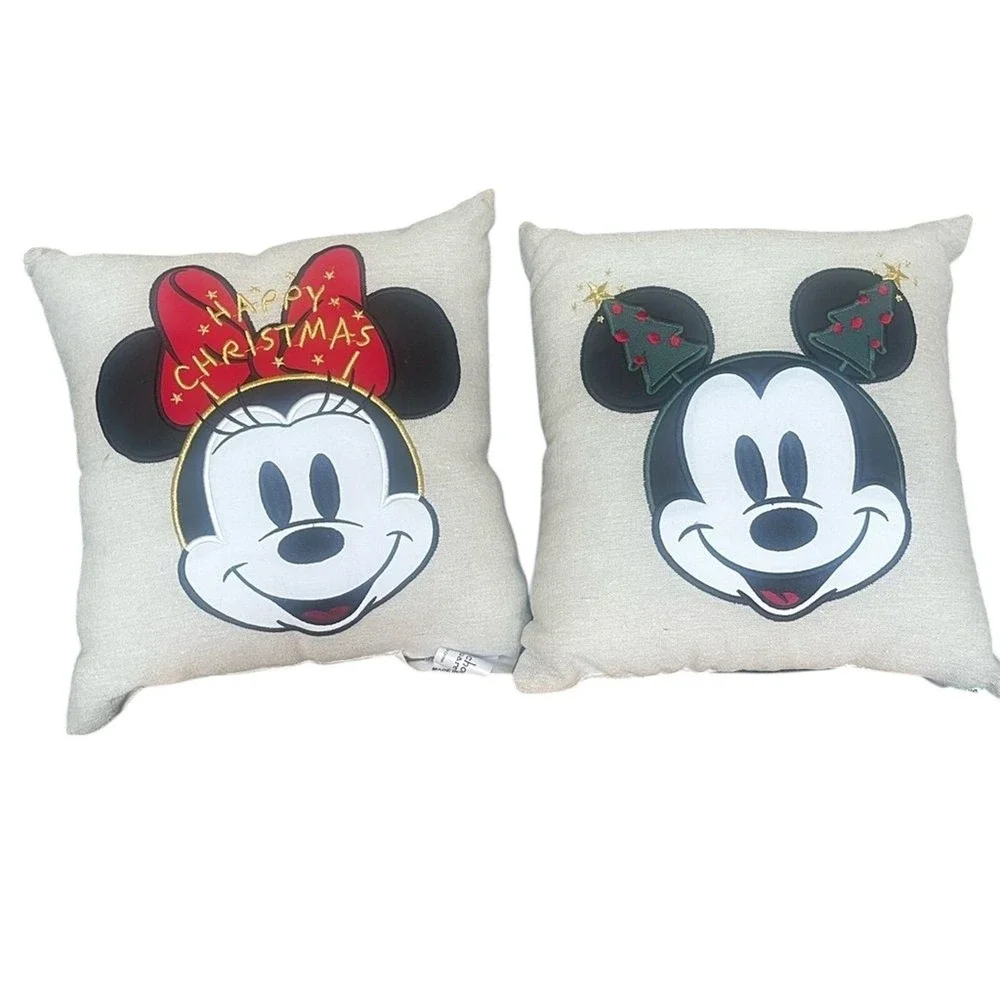 Disney Merry Christmas Mickey and Minnie Mouse Pillow Set Reversable Embroidered